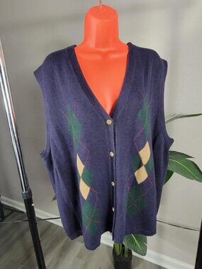 90s SagHarbor Argyle Cardigan Sweater Vest Button Up XL